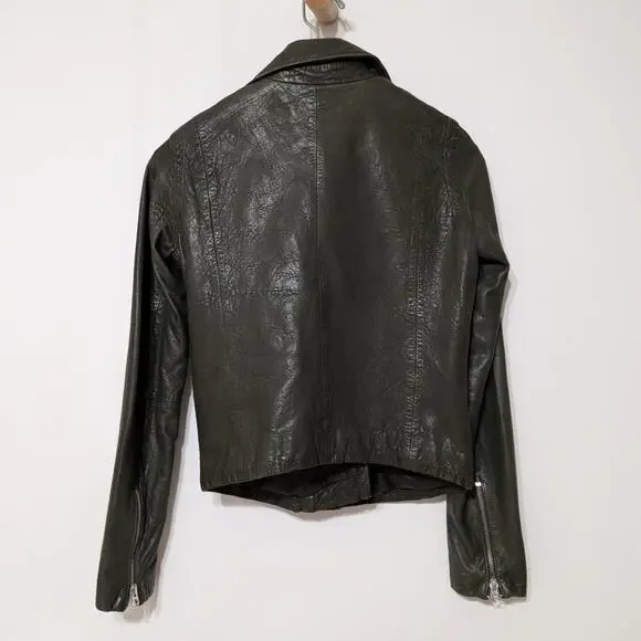Madewell Washed Leather Motorcycle Jacket Dark Green Size XS Preowned - Picture 5 of 10